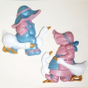 Vintage 1988 Burwood Girl And Boy With Geese Wall Plaque Cottagecore Set